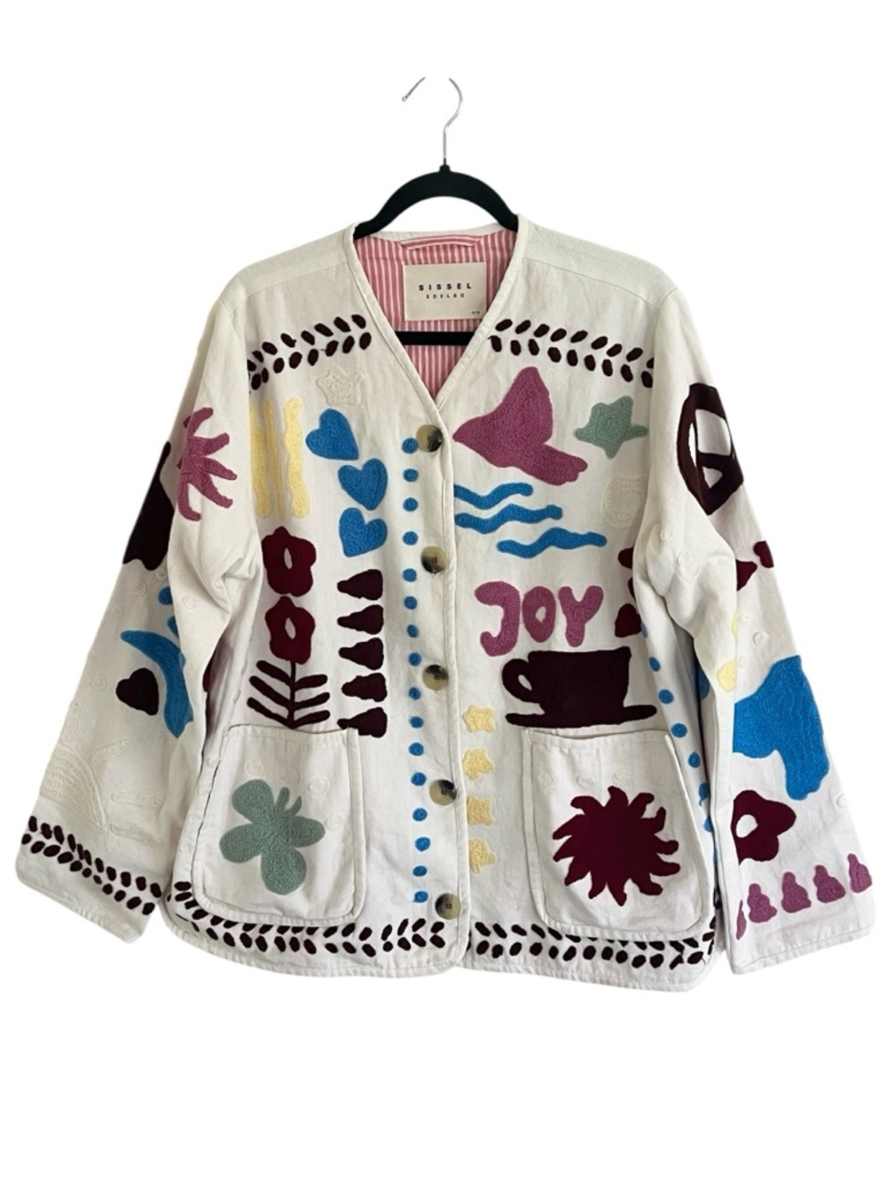 Sissel Edelbo White Colorful Embroidered Maggie Jacket in Swan Peace One Size